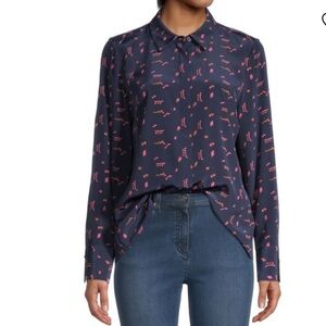 Lafayette 148 New York Navy Blue‎ Pink Scottie Button Down Silk Blouse Size S